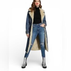 Vintage Steve Madden Penny Lane Blue Denim Fitted w/Faux Shearling Coat/Duster M